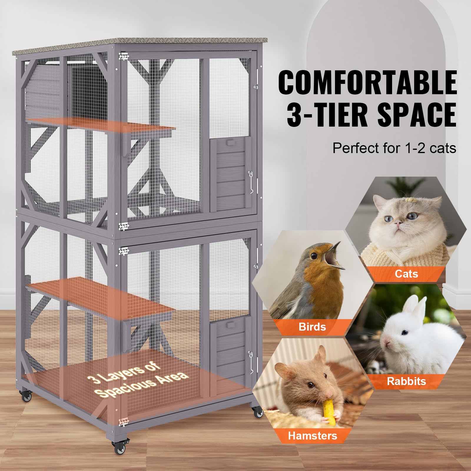 VEVOR 3-Tier Cat Playpen Catio with Wheels, Resting Box, Waterproof Roof, Windows & Doors, Removable Tray